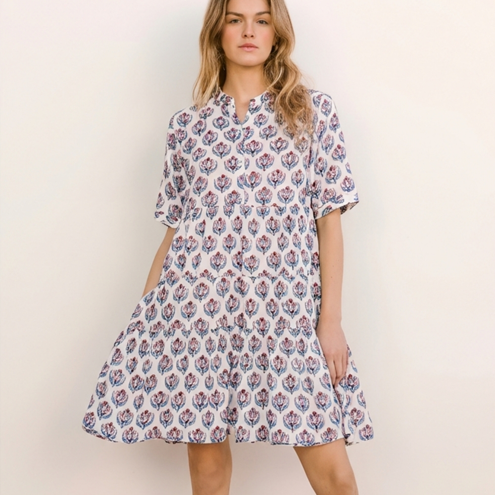 BECASA Boho Block Print Tiered Blue White Resort Dress, XXL